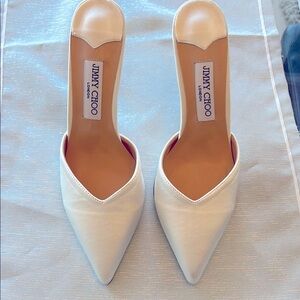 Jimmy Choo Cream Pointed-Toe Heels with Crystal Embellishments